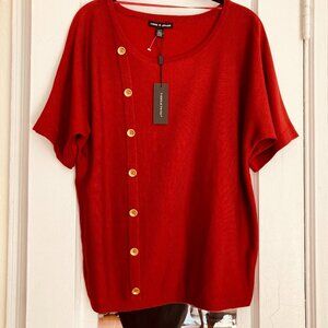 NWT Red Knit Short Sleeved Top With Gold Buttons